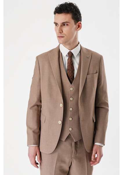 Camel Desenli Kırlangıç Yaka Yelekli 6 Drop Slim Fit Dar Kesim Klasik Takım Elbise 1001240157