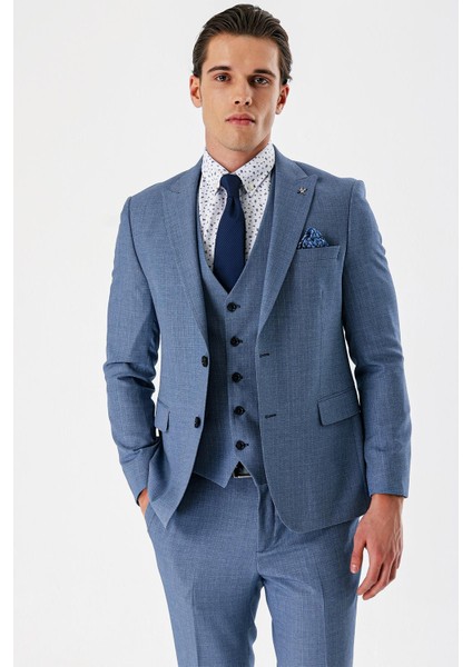 Indigo Mavi Desenli Kırlangıç Yaka Yelekli 6 Drop Slim Fit Dar Kesim Klasik Takım Elbise 1001240157