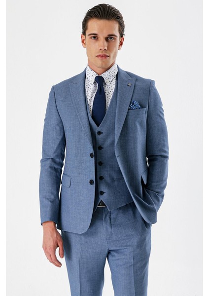 Indigo Mavi Desenli Kırlangıç Yaka Yelekli 6 Drop Slim Fit Dar Kesim Klasik Takım Elbise 1001240157