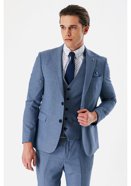 Indigo Mavi Desenli Kırlangıç Yaka Yelekli 6 Drop Slim Fit Dar Kesim Klasik Takım Elbise 1001240157