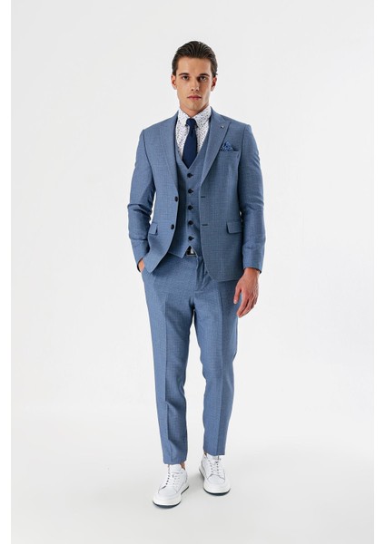 Indigo Mavi Desenli Kırlangıç Yaka Yelekli 6 Drop Slim Fit Dar Kesim Klasik Takım Elbise 1001240157