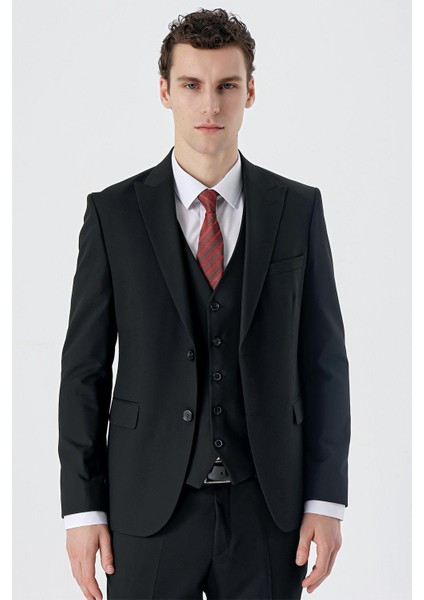 Siyah Armürlü Kırlangıç Yaka Yelekli Likralı 6 Drop Slim Fit Dar Kesim Klasik Takım Elbise 1001240150