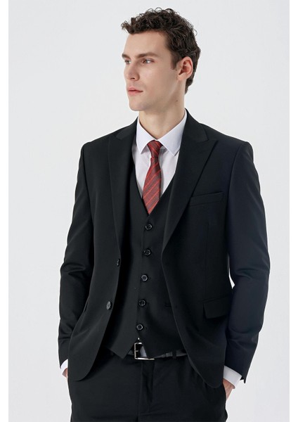 Siyah Armürlü Kırlangıç Yaka Yelekli Likralı 6 Drop Slim Fit Dar Kesim Klasik Takım Elbise 1001240150 modelleri