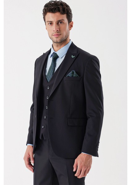 Koyu Lacivert Desenli Armürlü Kırlangıç Yaka Yelekli Likralı 6 Drop Slim Fit Takım Elbise 1001235154
