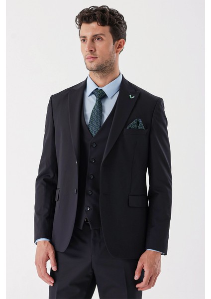 Koyu Lacivert Desenli Armürlü Kırlangıç Yaka Yelekli Likralı 6 Drop Slim Fit Takım Elbise 1001235154 fiyatları