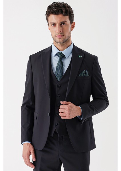 Koyu Lacivert Desenli Armürlü Kırlangıç Yaka Yelekli Likralı 6 Drop Slim Fit Takım Elbise 1001235154 modelleri
