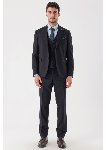 Koyu Lacivert Desenli Armürlü Kırlangıç Yaka Yelekli Likralı 6 Drop Slim Fit Takım Elbise 1001235154 fırsatları