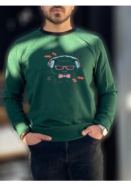 Zykhan Unisex Bisiklet Yaka Yeşil Panda Baskılı Sweatshirt