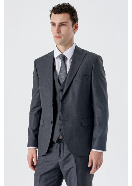 Koyu Füme Kırlangıç Yaka Yelekli 6 Drop Slim Fit Dar Kesim Klasik Takım Elbise 1001235166