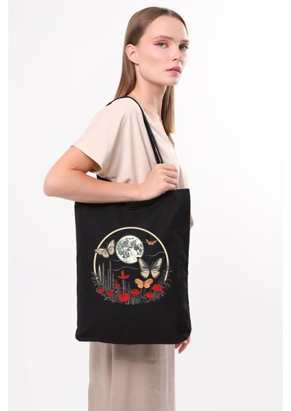 Siyah Kanvas Ay ve Kelebek Baskılı Çanta