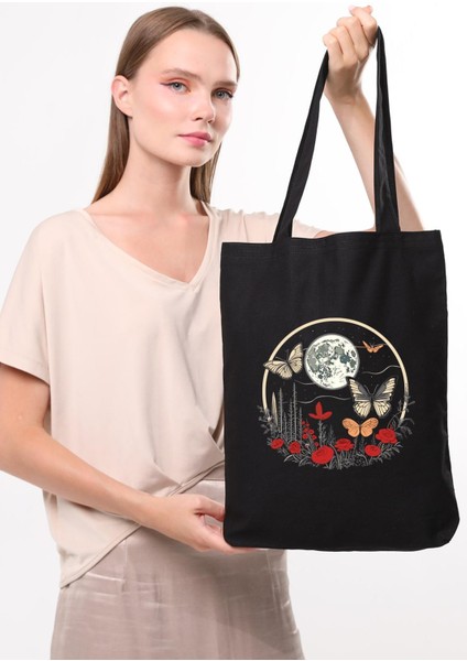 Siyah Kanvas Ay ve Kelebek Baskılı Çanta fiyatları