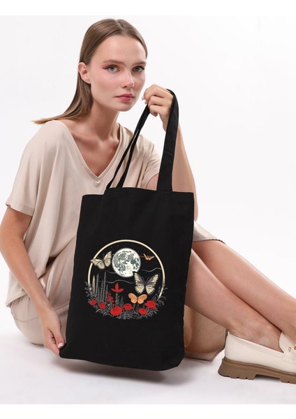 Siyah Kanvas Ay ve Kelebek Baskılı Çanta modelleri