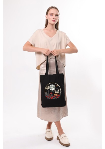 Siyah Kanvas Ay ve Kelebek Baskılı Çanta fırsatları