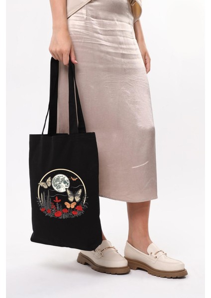 Siyah Kanvas Ay ve Kelebek Baskılı Çanta indirimleri