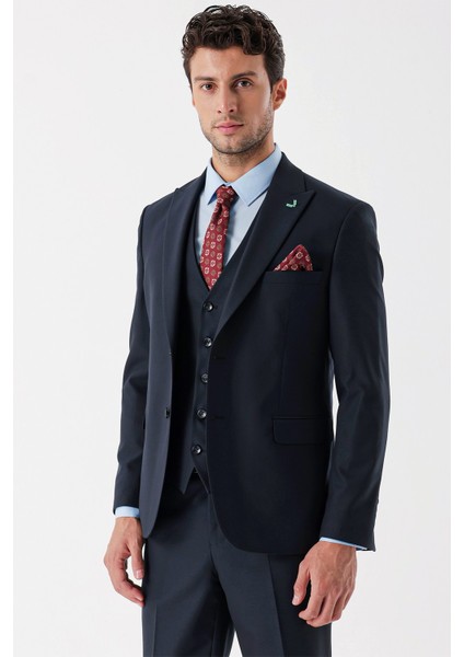 Koyu Lacivert Desenli Armürlü Kırlangıç Yaka Yelekli Likralı 6 Drop Slim Fit Takım Elbise 1001235156