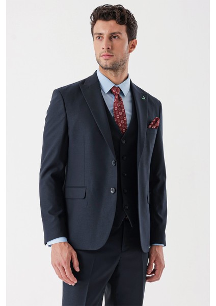 Koyu Lacivert Desenli Armürlü Kırlangıç Yaka Yelekli Likralı 6 Drop Slim Fit Takım Elbise 1001235156 fiyatları