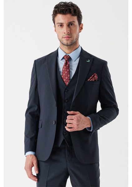 Koyu Lacivert Desenli Armürlü Kırlangıç Yaka Yelekli Likralı 6 Drop Slim Fit Takım Elbise 1001235156 modelleri