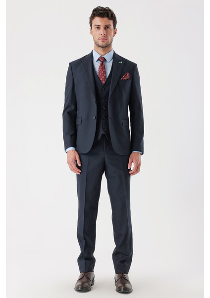 Koyu Lacivert Desenli Armürlü Kırlangıç Yaka Yelekli Likralı 6 Drop Slim Fit Takım Elbise 1001235156 fırsatları