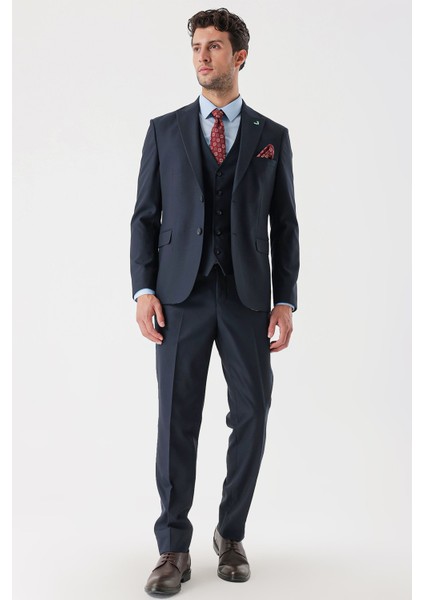 Koyu Lacivert Desenli Armürlü Kırlangıç Yaka Yelekli Likralı 6 Drop Slim Fit Takım Elbise 1001235156 indirimleri