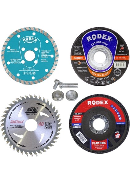 Tekno Trust 5 Parça Mermer Inox Ahşap Metal Flap Kesici Kesme Disk Spiral Avuç Içi Taşlama Seti 115 mm