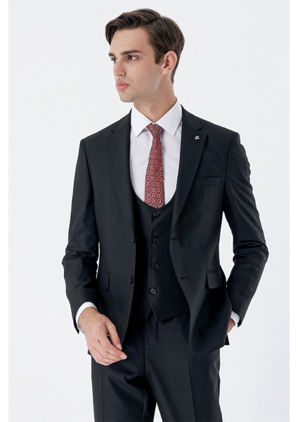 Siyah Mono Yaka Çift Yırtmaç Yelekli 6 Drop Slim Fit Dar Kesim Basic Takım Elbise 1001240186