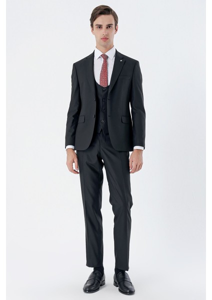 Siyah Mono Yaka Çift Yırtmaç Yelekli 6 Drop Slim Fit Dar Kesim Basic Takım Elbise 1001240186