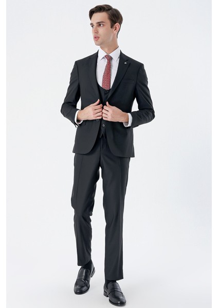 Siyah Mono Yaka Çift Yırtmaç Yelekli 6 Drop Slim Fit Dar Kesim Basic Takım Elbise 1001240186