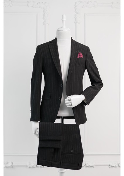 Slimfit Çizgili Mono Yaka Çift Yırtmaçlı Likralı Jogger Takım Elbise