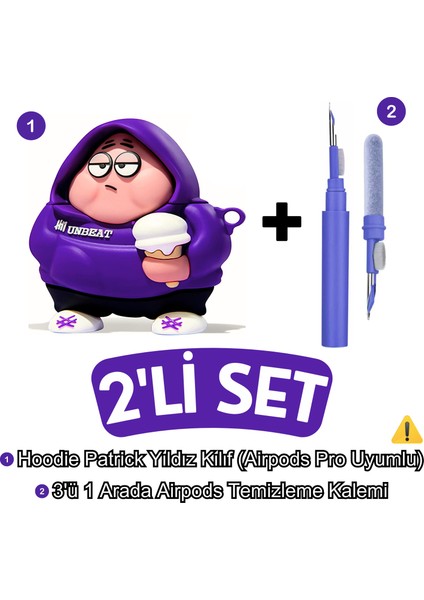 Pro Uyumlu Hoodie Patrick Yıldız Figürlü Kılıf ve Mavi Bluetooth Kulaklık Temizleme Kalemi Ikili Set