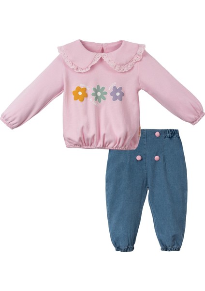 Çiçek Baskılı Kot Pantolonlu Kız Bebek Ikili Takım