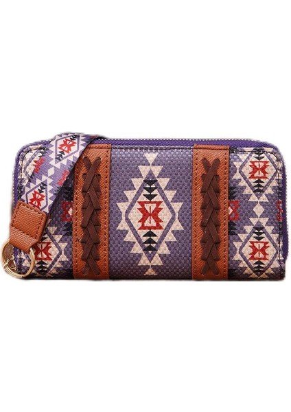 Vintage Pamuk ve Keten Baskı Bohem Tarzı Kadın Debriyaj Cüzdan Kartlık-20*3*10.5cm-Mor (Yurt Dışından)