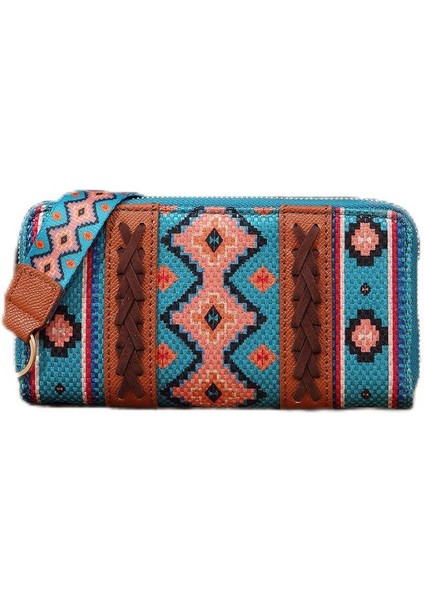 Vintage Pamuk ve Keten Baskı Bohem Tarzı Kadın Debriyaj Cüzdan Kartlık-20*3*10.5cm-Mavi (Yurt Dışından)