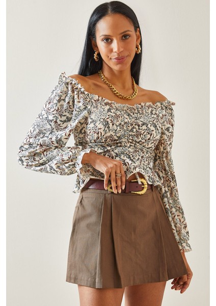 Bej Çiçek Desenli Uzun Kol Büzgülü Bluz 5YXK2-48282-25