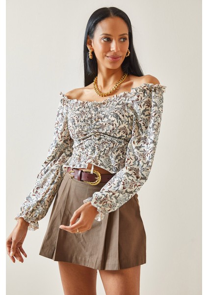 Bej Çiçek Desenli Uzun Kol Büzgülü Bluz 5YXK2-48282-25 fiyatları