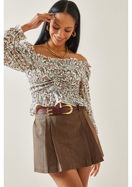 Bej Çiçek Desenli Uzun Kol Büzgülü Bluz 5YXK2-48282-25 modelleri