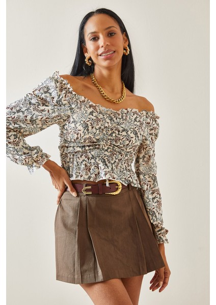 Bej Çiçek Desenli Uzun Kol Büzgülü Bluz 5YXK2-48282-25 fırsatları