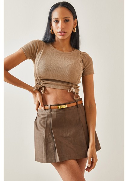 Kahverengi Çift Büzgülü Kısa Kol Bluz 5YXK2-48280-18