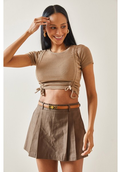 Kahverengi Çift Büzgülü Kısa Kol Bluz 5YXK2-48280-18 modelleri