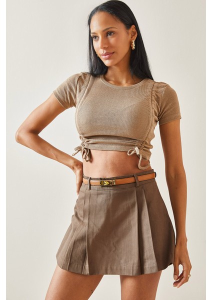 Kahverengi Çift Büzgülü Kısa Kol Bluz 5YXK2-48280-18 indirimleri