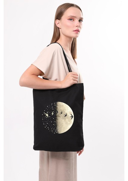 Siyah Kanvas Yarımay ve Kuşlar Baskılı Çanta