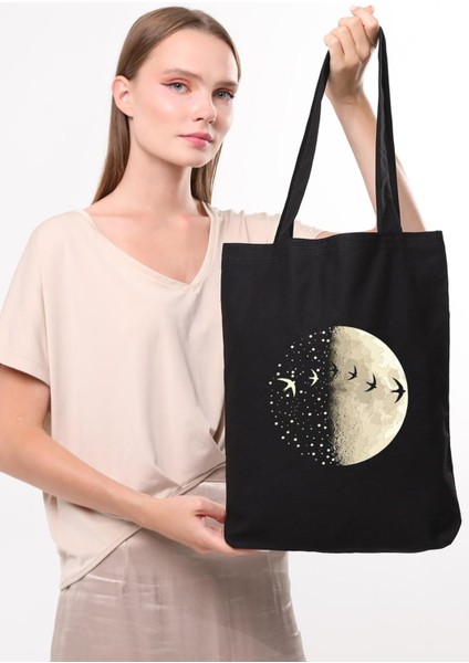 Siyah Kanvas Yarımay ve Kuşlar Baskılı Çanta fiyatları