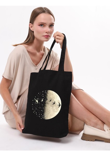 Siyah Kanvas Yarımay ve Kuşlar Baskılı Çanta modelleri