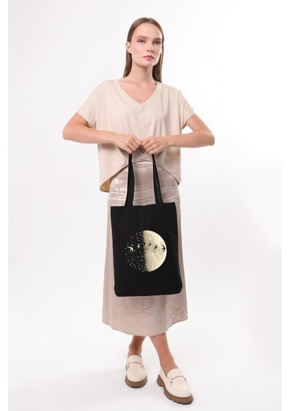 Siyah Kanvas Yarımay ve Kuşlar Baskılı Çanta fırsatları