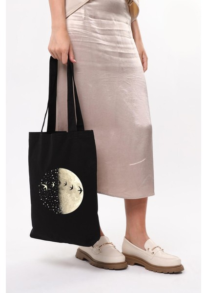 Siyah Kanvas Yarımay ve Kuşlar Baskılı Çanta indirimleri