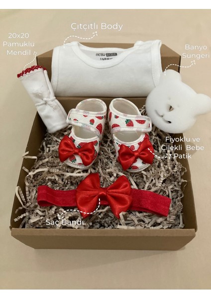 Hoşgeldin Bebek Hediye Seti , Bandanalı Bebek Patik & Çıtçıtlı Body & Mendil & Banyo Süngerli Hediye Kutusu