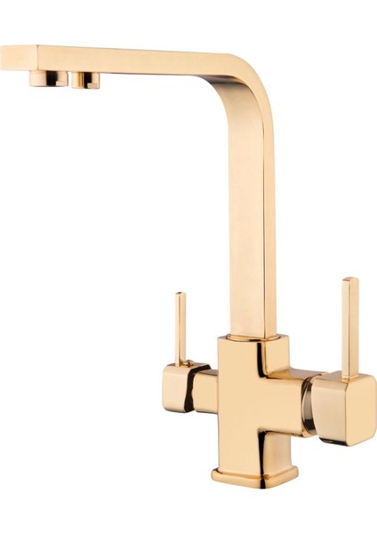 Gold Arıtmalı Mutfak Bataryası Kare Evye Musluğu Arıtıcılı Armatür Pirinç