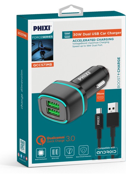 Force QCC571M Çift Çıkışlı Fast Micro USB Kablolu Araç Şarj Cihazı
