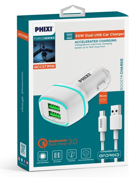 Force QCC571M Çift Çıkışlı Fast Micro USB Kablolu Araç Şarj Cihazı