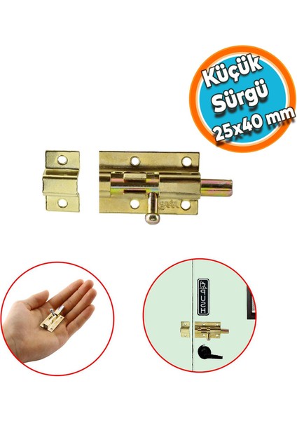 Küçük Mavzer Sürgü Sürgülü Dolap Sürgüsü Kilit 25X40 mm Kapı Pencere Emniyet Kilidi Metal Prinç Sarı