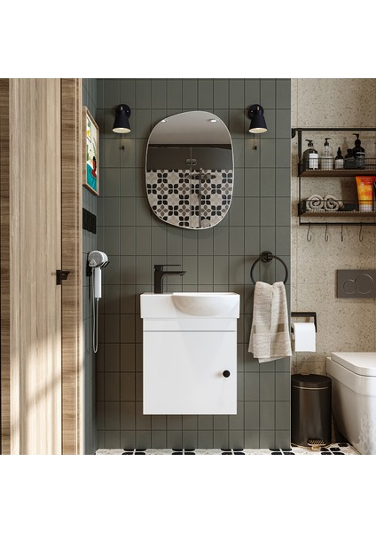 Punto Ayaksız Tek Kapaklı Sol Lavabolu 46 cm Banyo Alt Dolabı + Üst Ayna